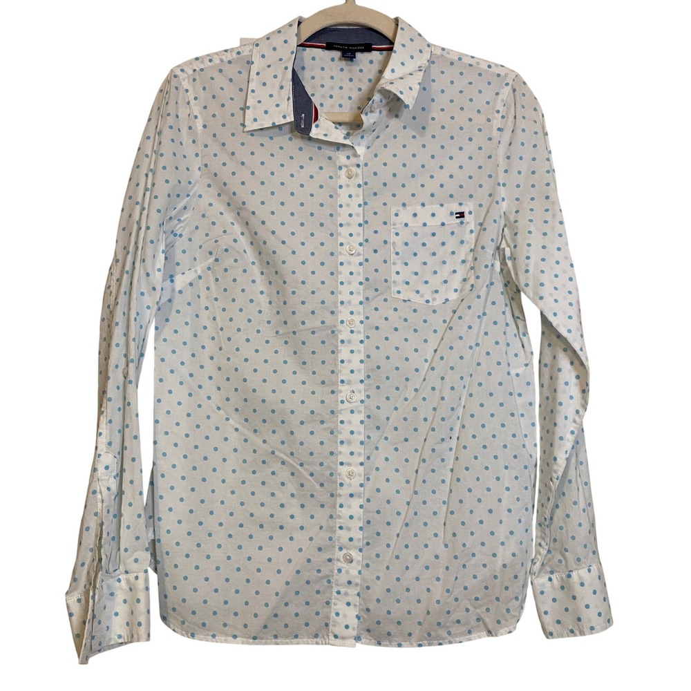 Tommy Hilfiger Womens Polka Dot Button Down Shirt White Blue Cotton Small